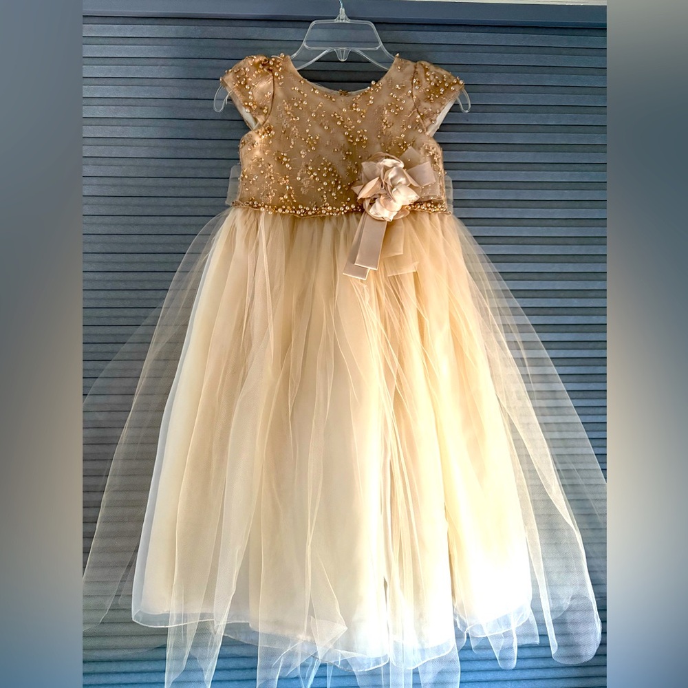 Elegant Gold Kids Dress with Bow